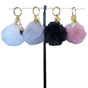 Pom Pom Pink Gray Black White Goldtone Keychain Bag Charms
